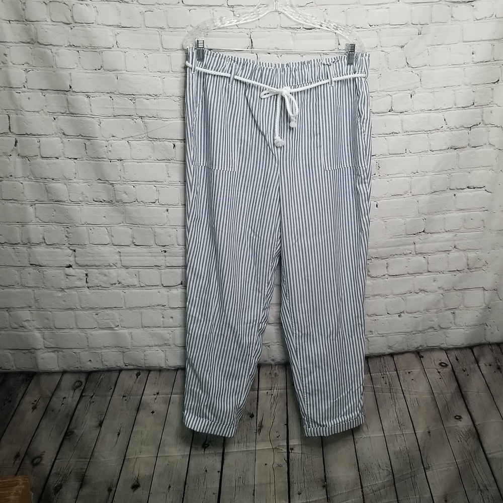 Per Se Women's Striped Linen Blend Pants Stretch Waist Plus Large